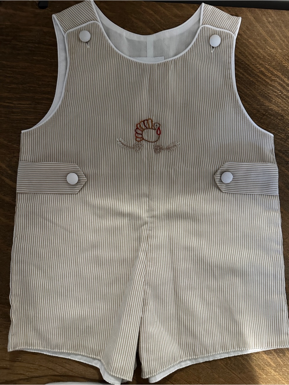 Striped Cream & White Baby Romper with Shell Embroidery